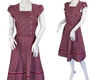 Byer Too 1970's Burgundy Calico Cotton Ditsy Print Prairie Dress I Sz Med I Cottagecore