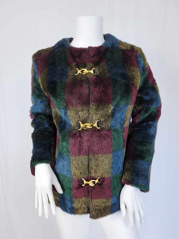 Colorblock 1980's Blue Black Plaid Faux Fur Fuzzy… - image 2