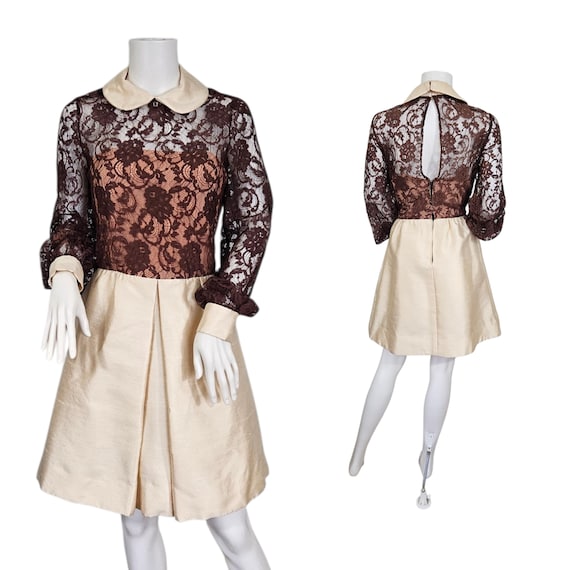 Joseph, 1960s Brown Lace Cream Silk Joseph Magnin Short Mini Dress I Sz Med