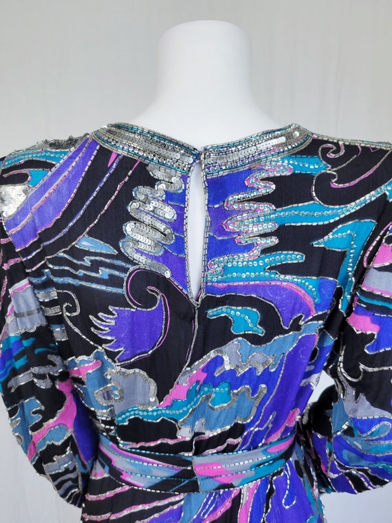 1980's Blue Pink Beaded Sequin Belted Silk Dress … - image 8