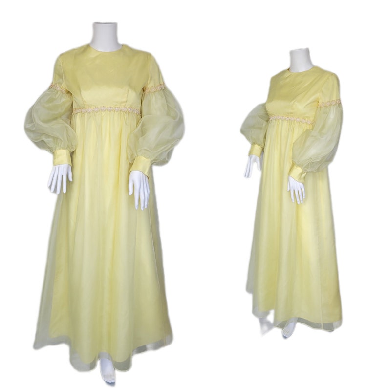 Lorrie Deb 1960's Pale Yellow Bridgerton Style Empire Waist Chiffon Maxi Dress I Sz SM image 2