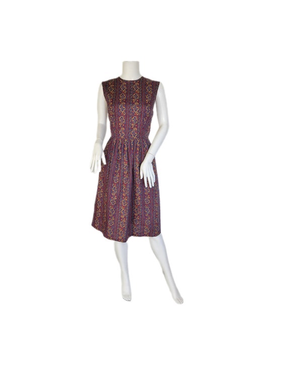 1960's Burgundy Blue Paisley Print Sun Dress I Sz… - image 2