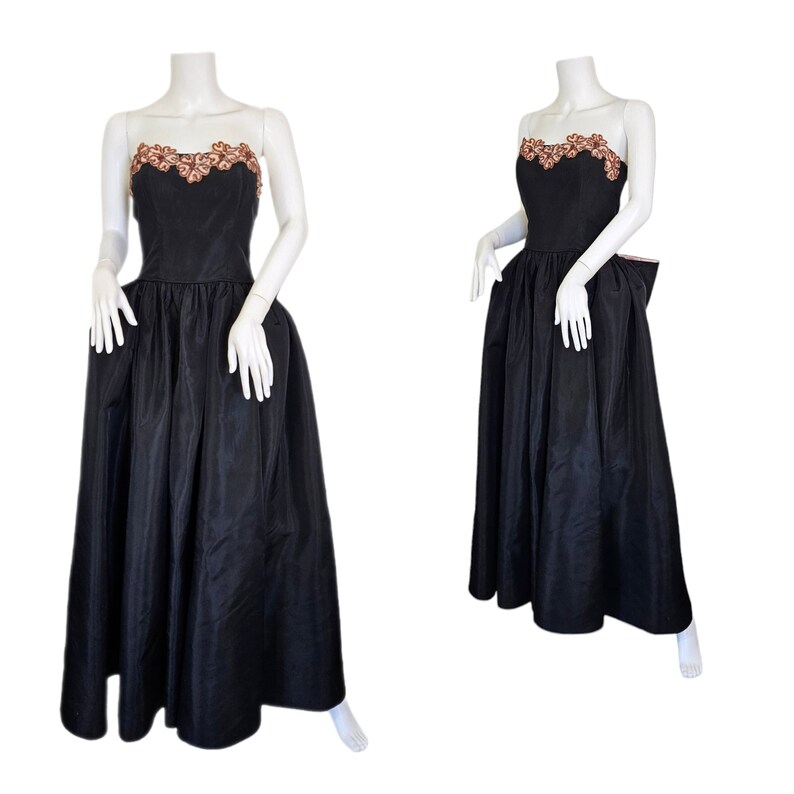 1950's Strapless Black Taffeta Pink Sequin Gown Dress I Sz Med I B: 38 image 1