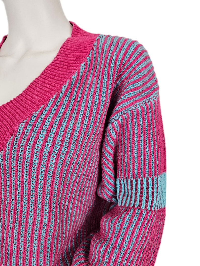 Cacharel 1980's Pink Blue Striped Ribbed Slouchy Pullover Sweater I Sz Med image 4