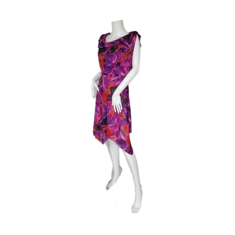 1970's Bold Purple Floral Print Handkerchief Hem Dress I Sz Med I Mar Martin image 3