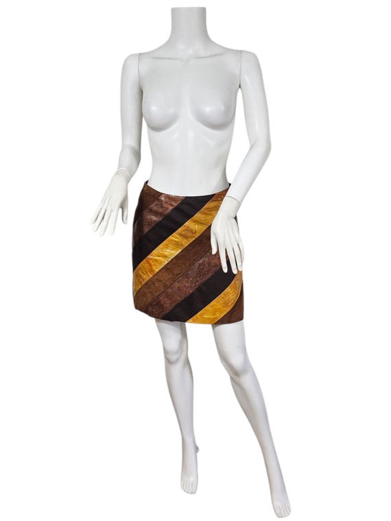 Cachè 1990s Brown Yellow Patchwork Leather Mini S… - image 2