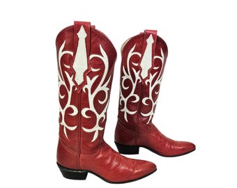 Vintage Larry Mahan rödvita inläggningar i läder, western cowboystövlar, storlek 6