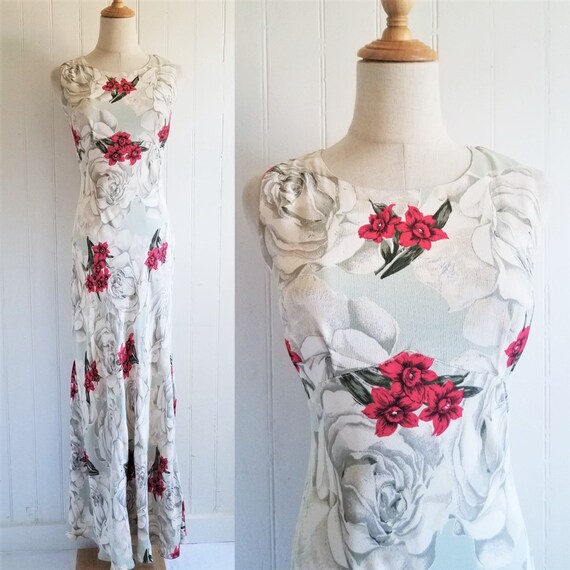 1990's Rose Print Floral Rayon Bias Cut Long Maxi