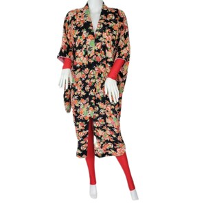 1960's Black Rayon Crepe Art Deco Print Floral Kimono Robe I Sz Med image 5