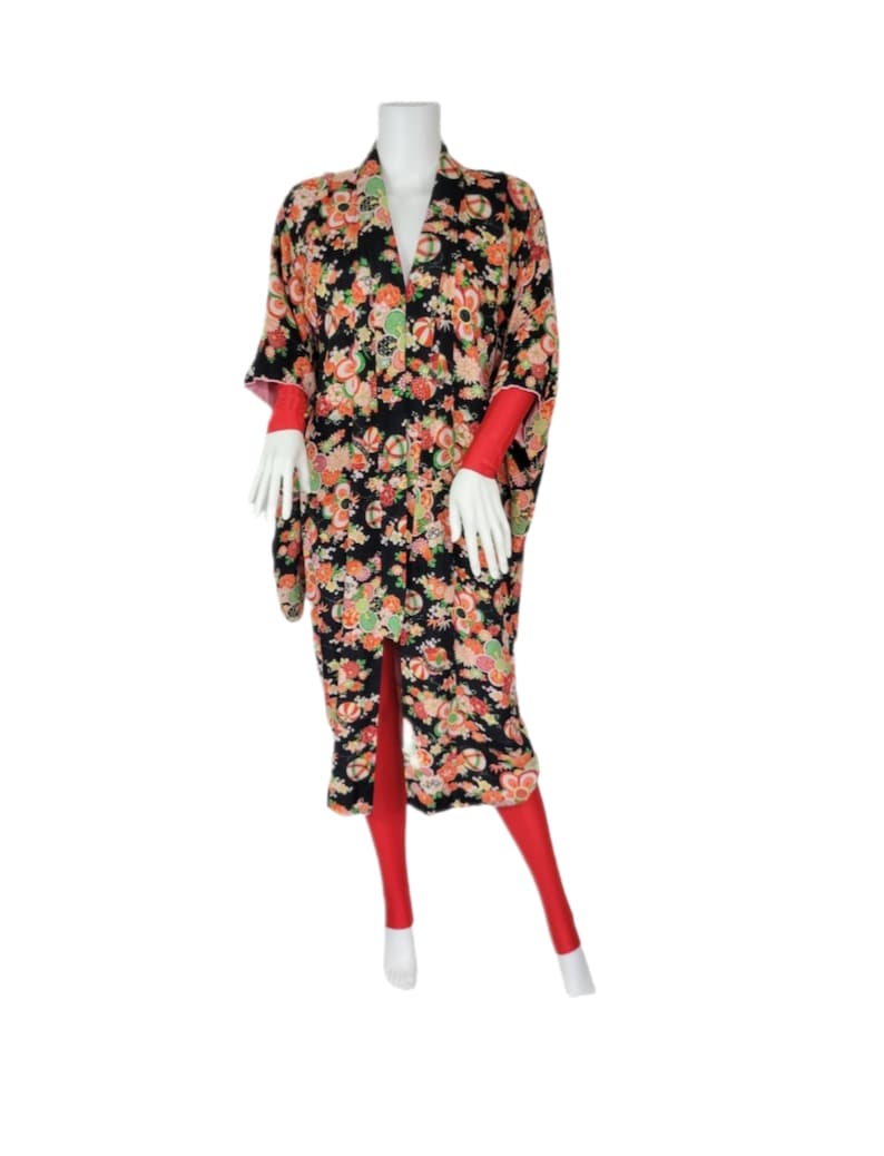 1960's Black Rayon Crepe Art Deco Print Floral Kimono Robe I Sz Med image 5