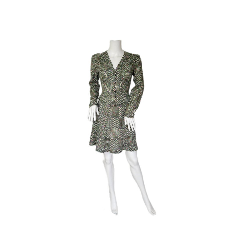 2 Pc 1970's Green Pixilated Herringbone Print Shirt Mini Skirt Top Suit Set I Sz Sm image 4