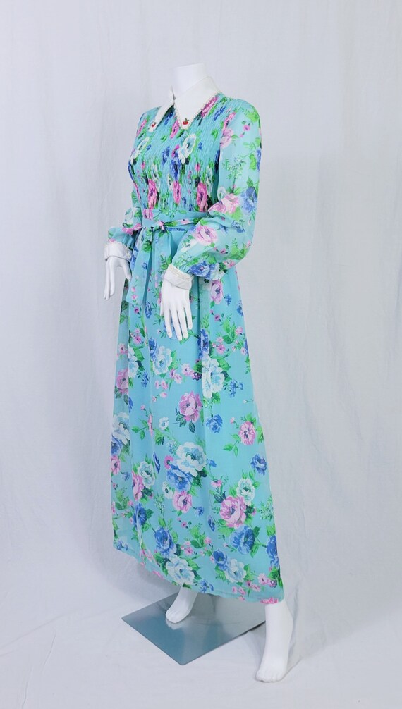 1970's Turquoise Blue Pink Floral Long Maxi Dress… - image 6