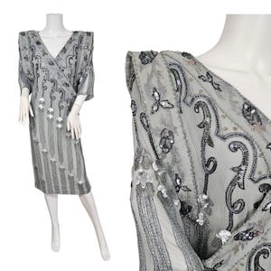 Sister Max Dusty Blue Silver Silk Chiffon Beaded Sequin Shift Dress I Sz Med I Art Deco Vibes