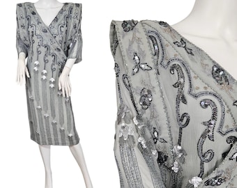 Sister Max 1980's Dusty Blue Silver Silk Sukienka z cekinami i koralikami I Rozmiar Średni