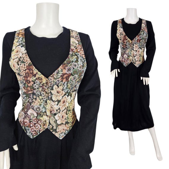 1980s Black Knit Dress with Built In Tapestry Vest I Sz Lrg 1980s Black Knit Dress with Built In Tapestry Vest I Sz Lrg