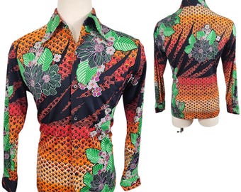 Camicia hawaiana da uomo Tori Richards anni '70 con stampa grafica e bottoni, in poliestere, taglia 42