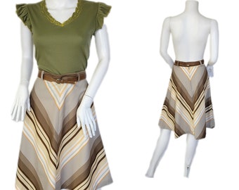 1970's Brown Chevron Stripe A -Line Poly Skirt I Sz Med