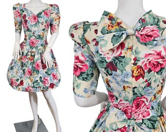 1980s Jessica McClintock Pastel Floral Print Puff Sleeve Cottagcore Dress I Sz Sm