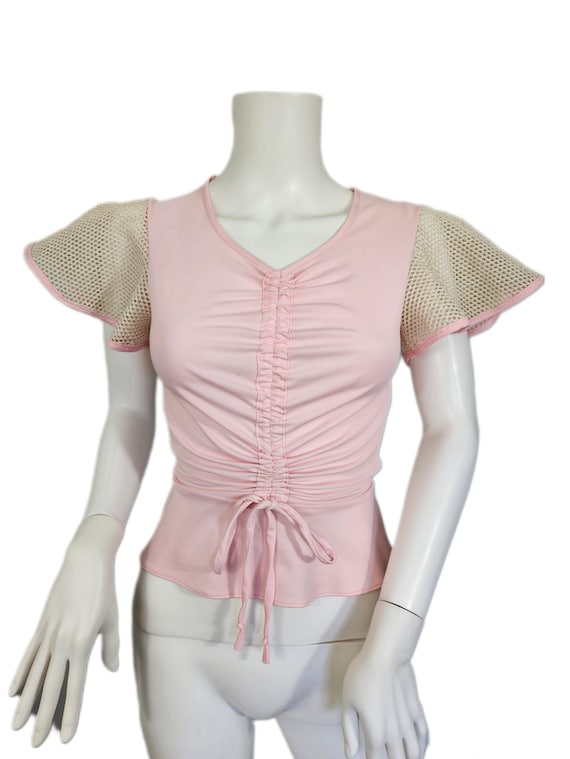 1970's Pink Poly Ruched Top I Tee I T Shirt I Net… - image 3