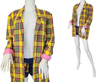 Star CCC 1990s Gelb karierter Baumwoll-Flanell-Einknopf-Oversize-Blazer Gr. Med
