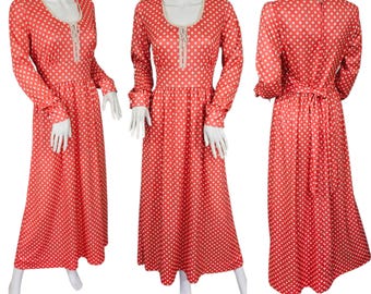1970's Coral Pink Long Polka Dot Maxi Dress I Sz Med I Tie Back