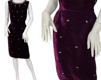 1960s Wackelkleid Aubergine Lila Viskose Samt Perlen