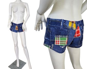 Robin Art 70er Jahre Faux Patchwork Denim Knopfleiste Hot Shorts Gr. Sm