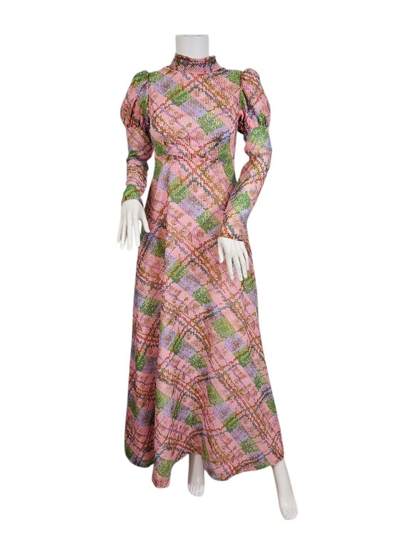 1970s Pink Green Pixelated Plaid Nylon Maxi Dress I Sz Sm I Leg O Mutton Sleeves