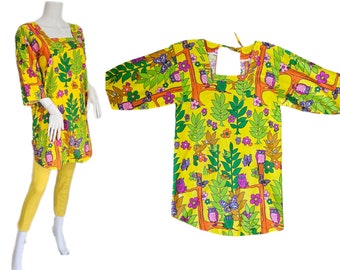 Design House 1960's Yellow Cotton Owl Print Smock Top I Sz Med I Open Back I Lee Griffin