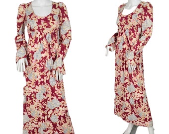 Jeune Dimension 1970's Fuschia Rose Floral Long Nylon Maxi Robe I Sz Sm