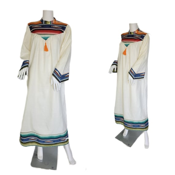 1970's Southwest Print White Flannel Caftan Robe … - image 1