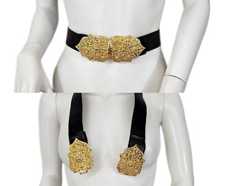 Calderon 1970's/80's Black Leather Pierced Gold Filigree Front Clasp Belt I Sz Med I Buckle