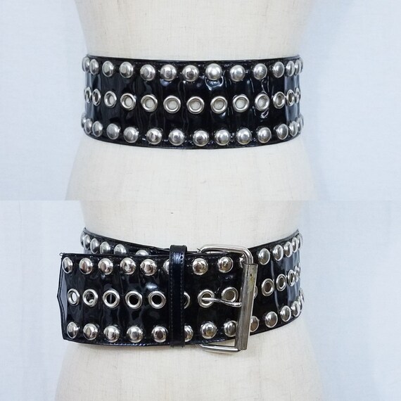 1970's Black Vinyl Wide Studded Belt I Sz Sm - Med