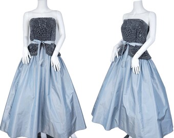 Strapless 1990's Slate Blue Grey Velvet Taffeta Tea Length Gown Dress I Sz Sm I Katherine McNeil I Sz 6