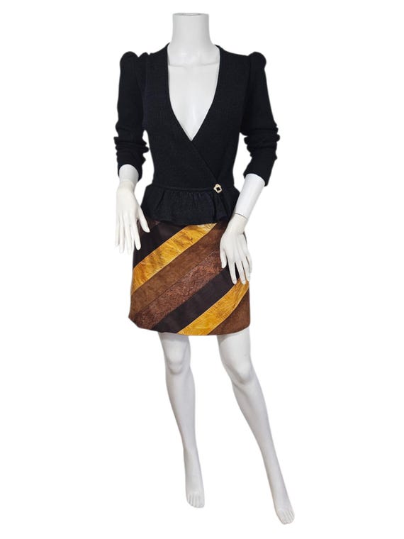 Cachè 1990s Brown Yellow Patchwork Leather Mini S… - image 3