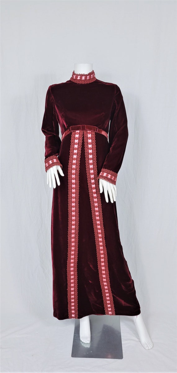 1970's Burgundy Velvet Empire Waist Long Maxi Dre… - image 3