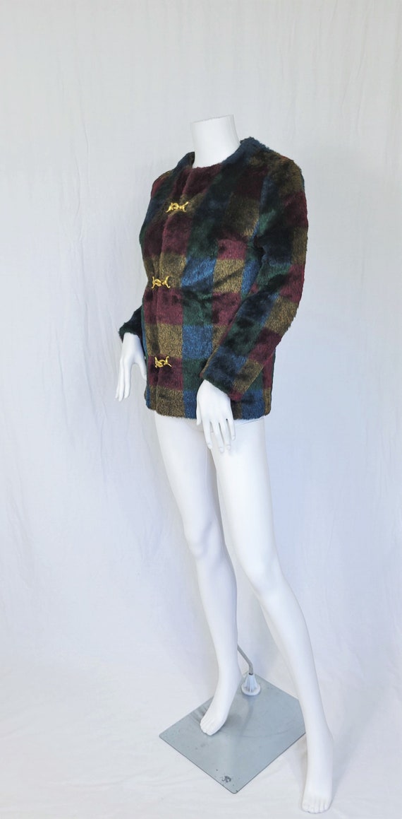 Colorblock 1980's Blue Black Plaid Faux Fur Fuzzy… - image 3