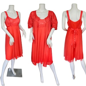 Vanity Fair 1960s Red Nylon 2 Pc Peignoir Slip Set Nightgown I Sz Med I Pin Up I Boudoir