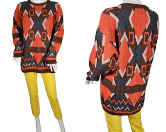 Maglione pullover in mohair arancione con stampa sud-occidentale, modello L, prodotto da United Colors of Benetton anni '80, Made in Italy.