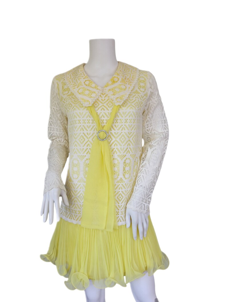 Vicky Vaughn 1960's Yellow White Lace Chiffon Mini GoGo Dress I Sz Med image 3