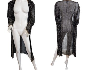 1980s Long Black Gold Beaded Duster Coat I Jacket I O/S I Volup I NWT