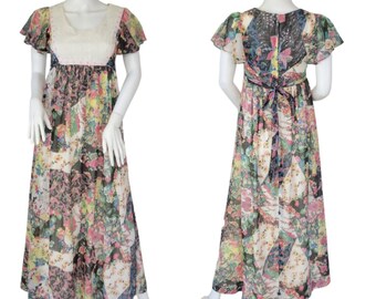 Joy Stevens 1970's Floral Patchwork Print Long Flowy Black Pink Peasant Maxi Dress I Sz Sm I Prairie Dress I Cottagecore