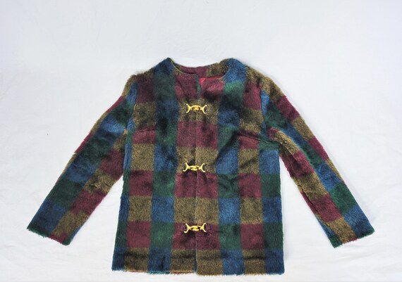 Colorblock 1980's Blue Black Plaid Faux Fur Fuzzy… - image 10