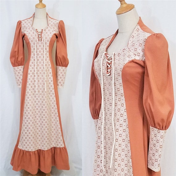 1970's Terra Cotta Lace Up Bishop Sleeve Long Poly