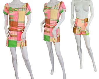1960er Jahre Neon Grün Pink kariertes Nylon kurzes Mini Kleid Shorts Gr