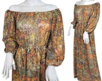 Metallic Harold Levine 1970's Orange Brown Fish Scales Sequin Long Peasant Maxi Dress I Sz Med I I. Magnin I Lurex