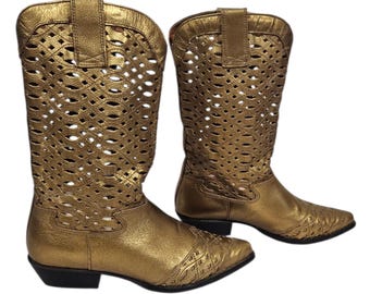 Nine West 1980s Metallic Gold Leather Cowboy Boots I Sz 8.5 I Lattice Cutouts