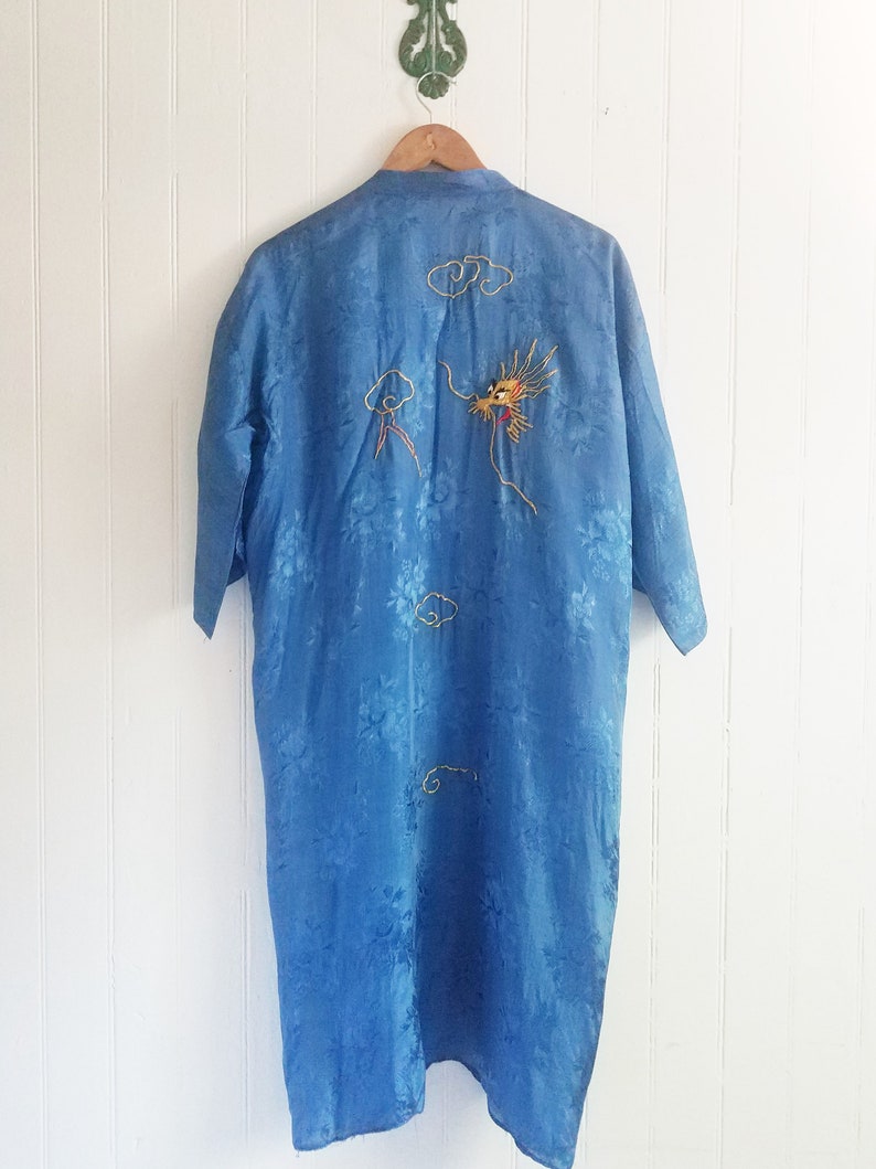 Vintage Light Blue Embossed Rayon RobeJacketDusterCoat with Metallic Embroidered Dragon Med Sz