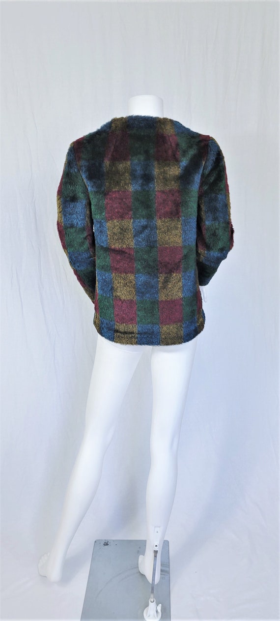 Colorblock 1980's Blue Black Plaid Faux Fur Fuzzy… - image 6