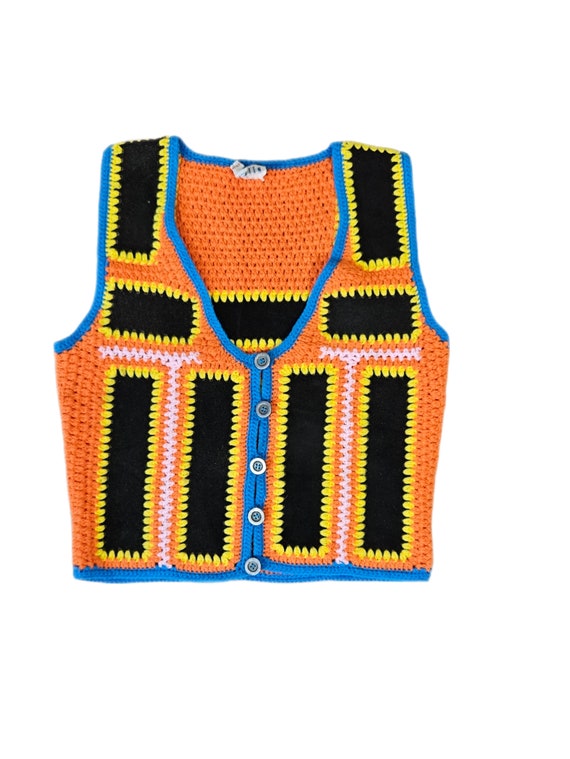 1960's Yellow Orange Crochet Knit Patchwork Sweat… - image 7